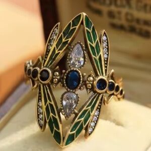 Vintage Enamel Art Deco Ring – Blue Crystal Gold Statement Jewelry